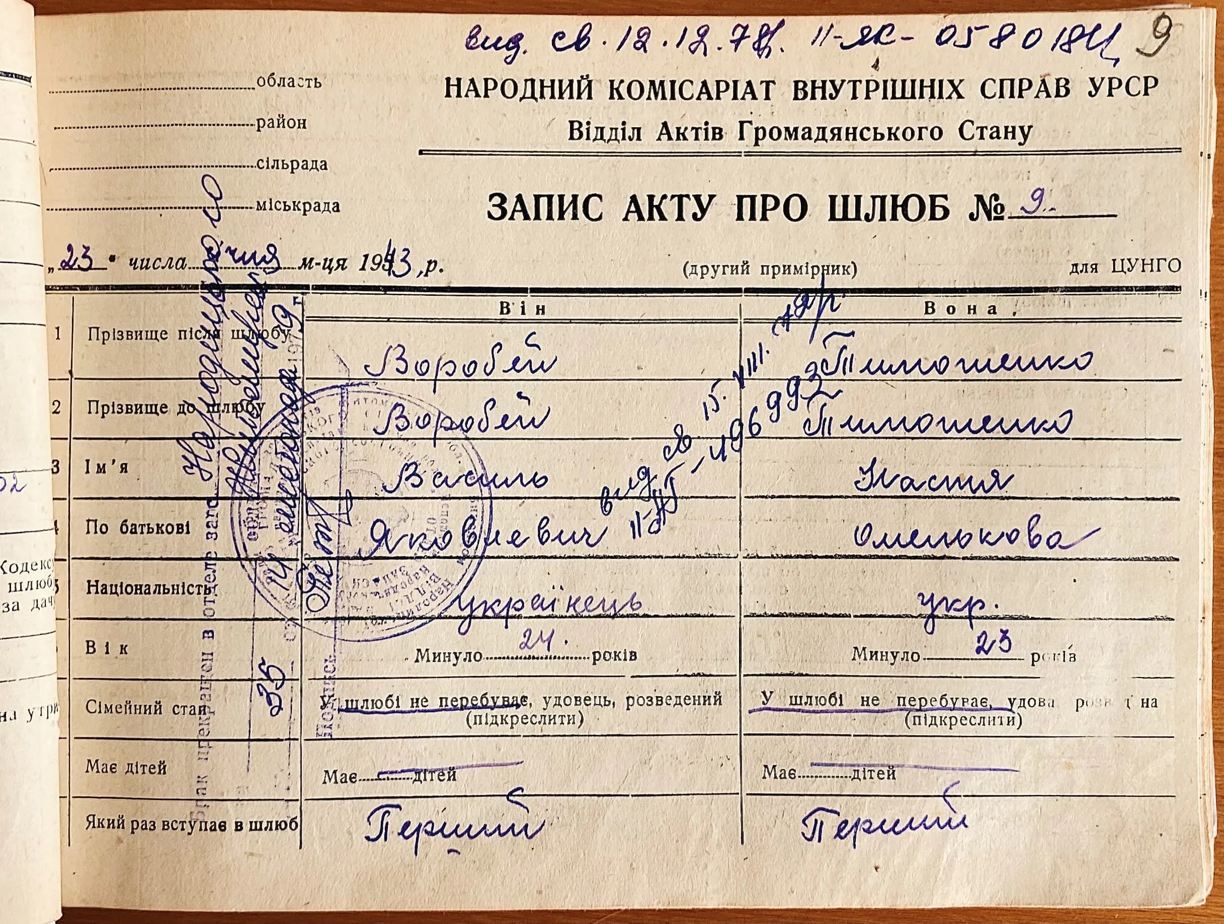 Vital records marriage ukraine 1943 front
