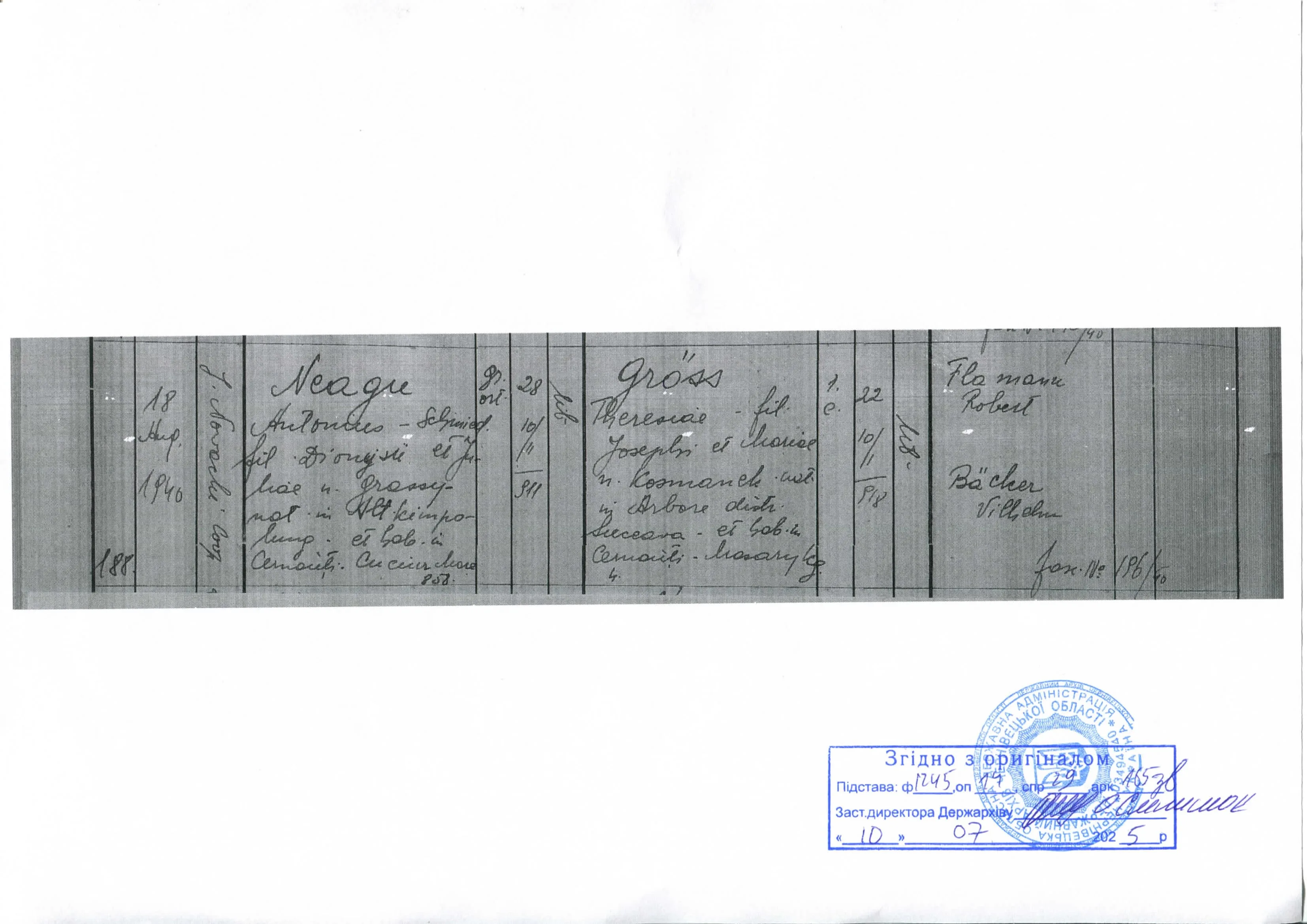 Certified copy of the marriage record from 1940 (Ukraine) for Romanian citizenship