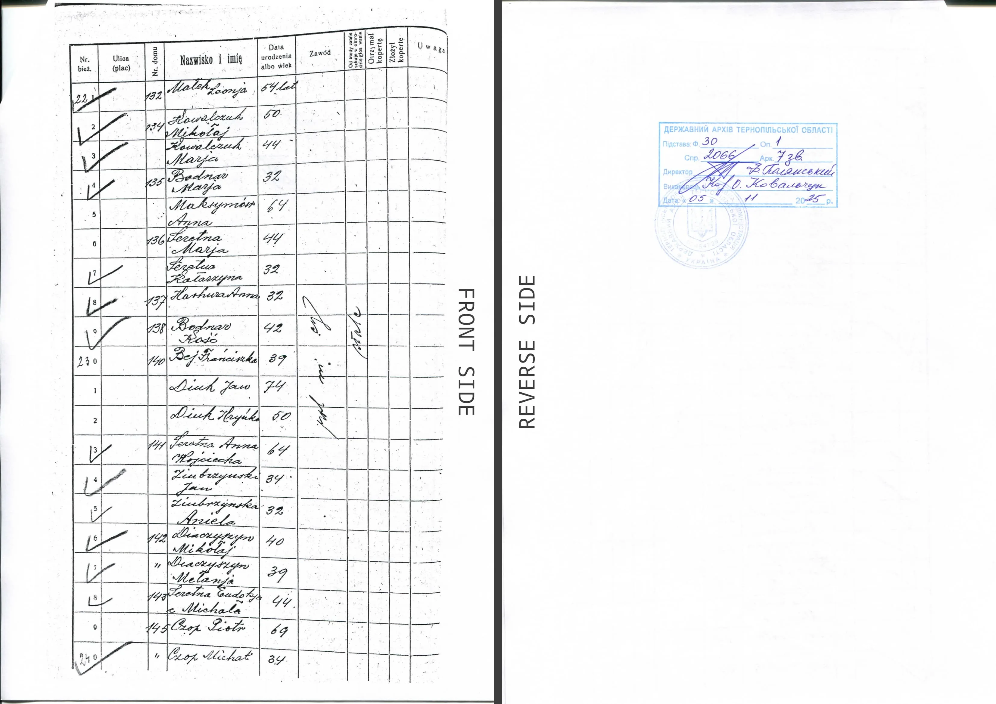 Certified copy of the of the voters list 1930 (Ukraine) for Polish citizenship