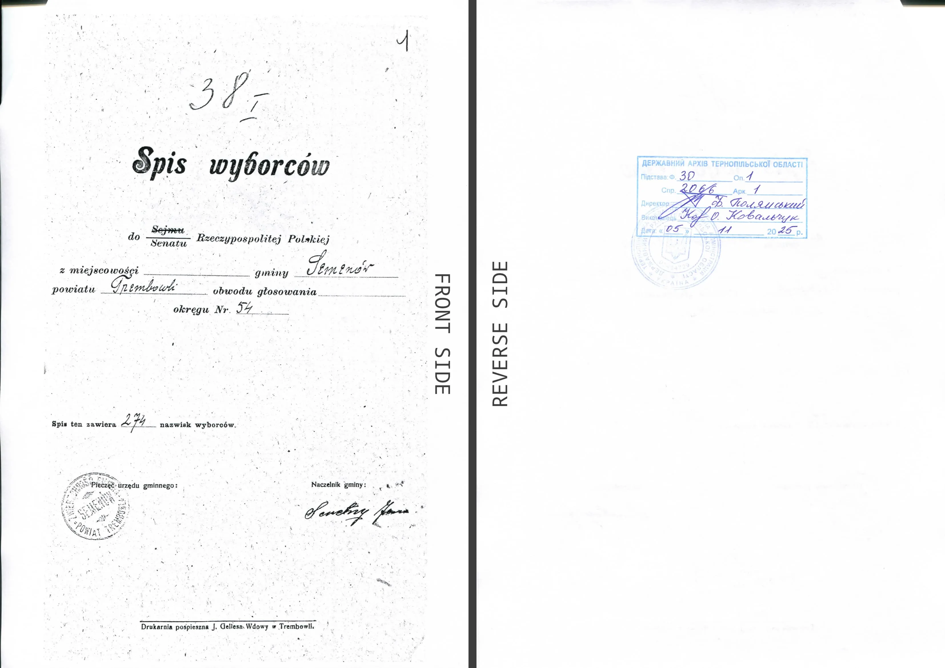 Certified copy of the title page of the voters list 1930 (Ukraine) for Polish citizenship